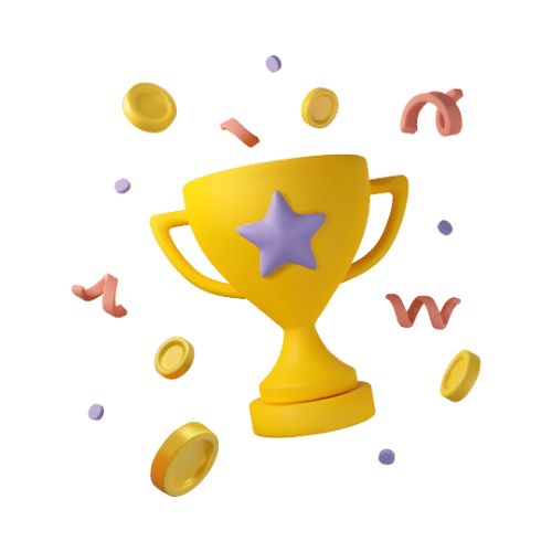 a yellow trophy with a purple star surrounded by coins